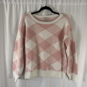 Loft Sweater Women's Medium Pink White Long Sleeve Round Neck Soft Knit